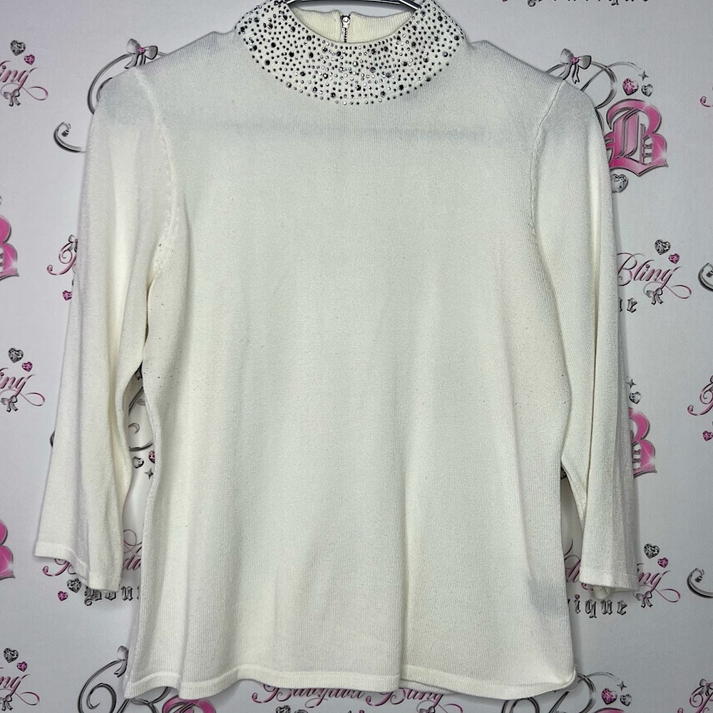 Premise rhinestone bling collar sweater white cream silver sparkly studded
